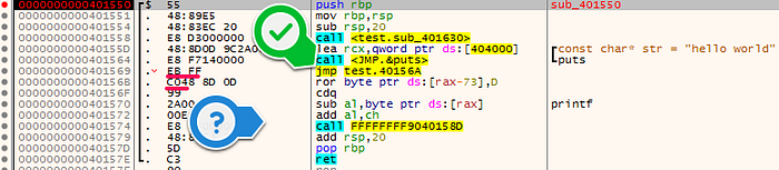 x64dbg: disassembled code