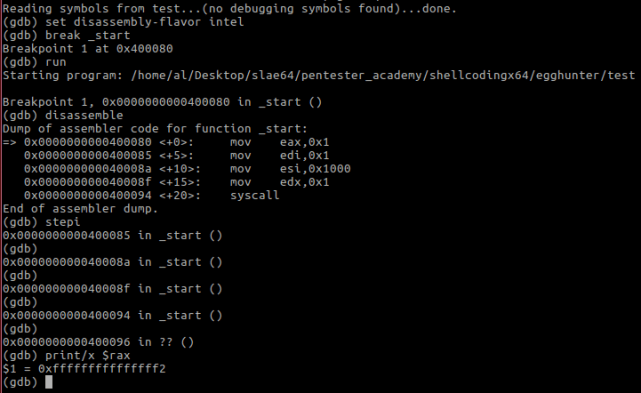 Figure 7 – testing return address of write syscall when addressing unauthorised memory positions