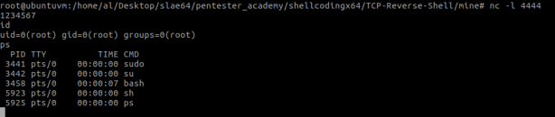 Figure 10 – Attacker listening to port 4444 and getting the connection from the shellcode